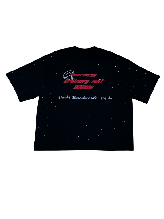 Torch Red “Because Ordinary Isn’t Enough” Rhinestone boxy tee